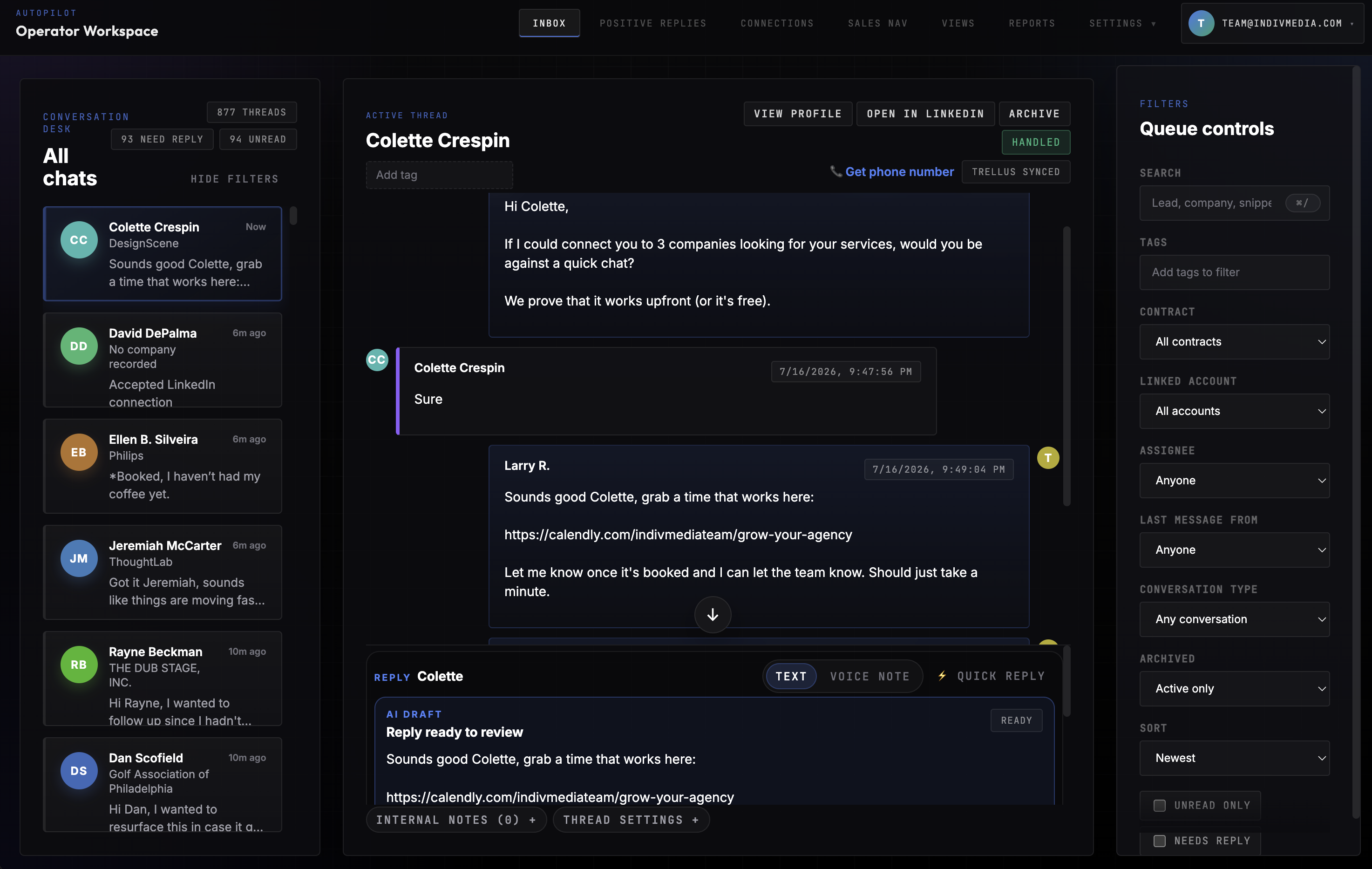 Autopilot Operator Workspace showing an AI agent managing LinkedIn outreach conversations and drafting replies