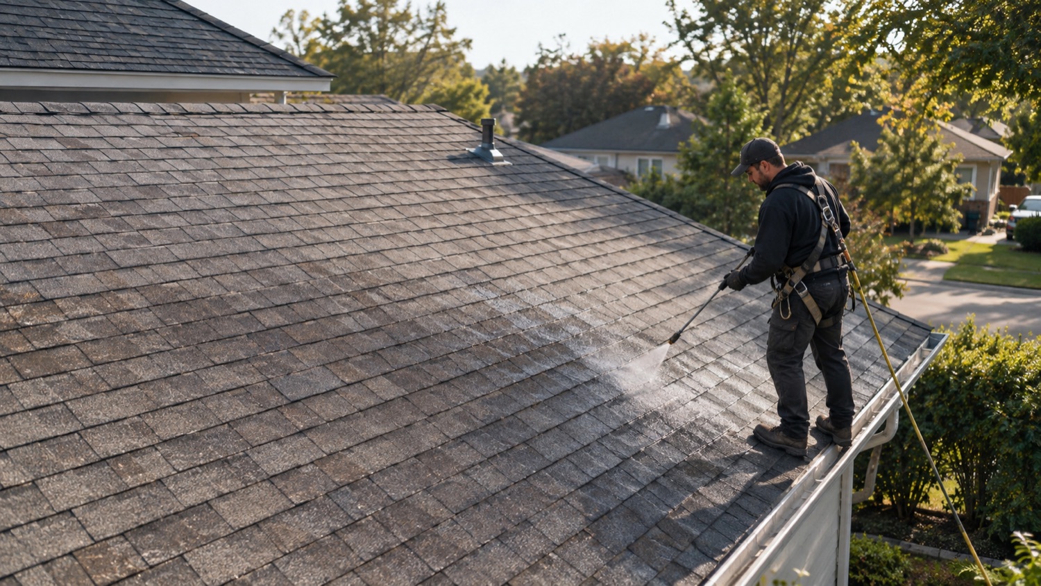 Roofing professional applying treatment to an asphalt-shingle roof